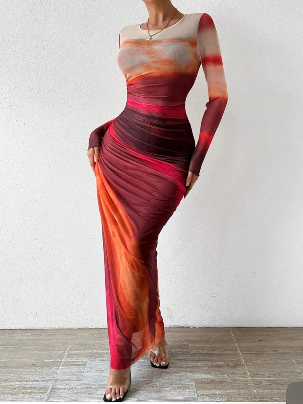 Luxury Long Sleeve Gradient Bodycon Maxi Dress in Red-Orange (NWOT)